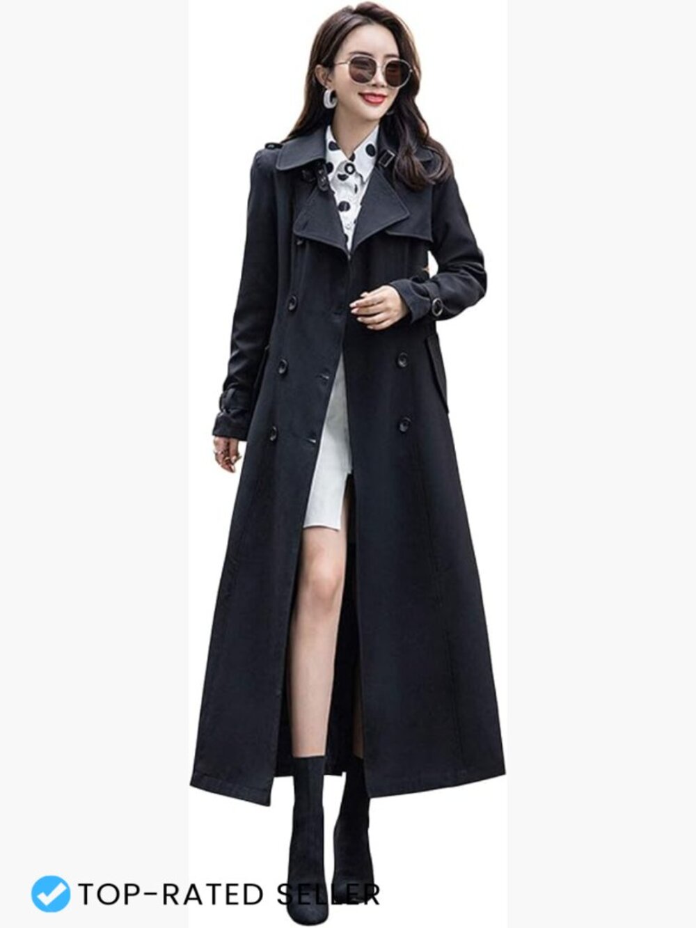 Elegant Double Breasted Trench Coat Slim Fit Long Sleeve Notch Lapel Overcoat
